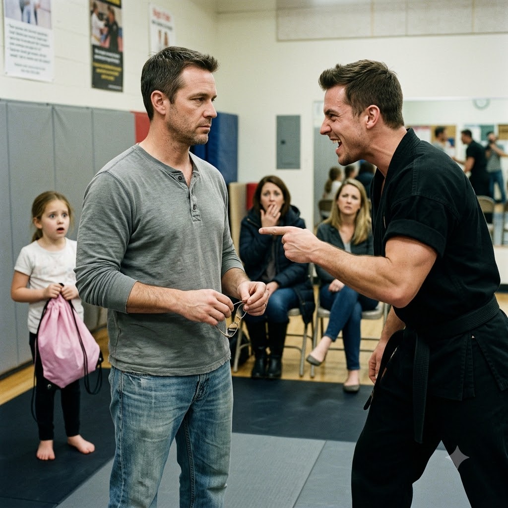 The arrogant MMA black belt shoved my shoulder and dared me to hide behind my little girl. I took off my wire glasses, stepped onto his mat in my shoes, and shifted my weight.