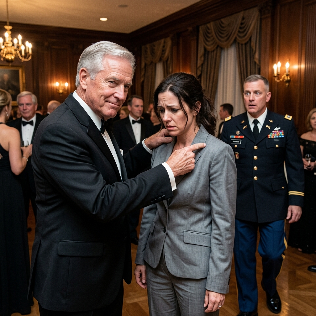My billionaire father gripped my collarbone and mocked my discount-rack suit at my sister’s military gala. The seasoned base commander ignored his handshake and snapped his boots together.