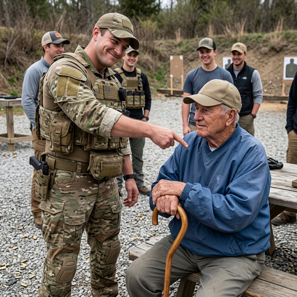 A young Navy SEAL handed a “”lost”” 79-year-old man a sniper rifle as a joke, unaware the quiet stranger was hiding a single, battered dog tag that would soon silence the entire firing line.