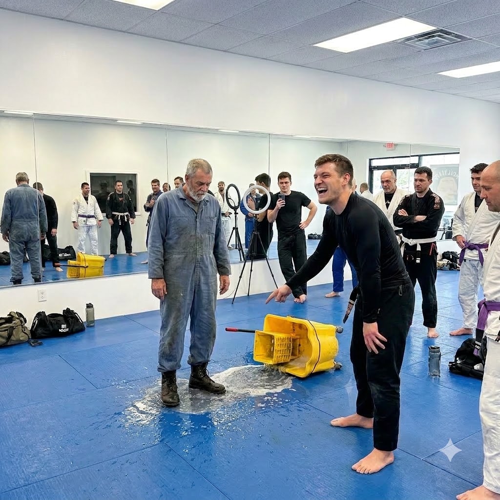 The 22-year-old karate champion kicked my dirty mop bucket over, soaking my heavy work boots in front of his cameraman.