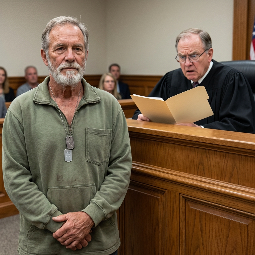 A young lawyer demanded jail time for an old man in wrinkled lockup clothes. The judge stared at the defendant’s worn dog tags and silenced the entire courtroom.
