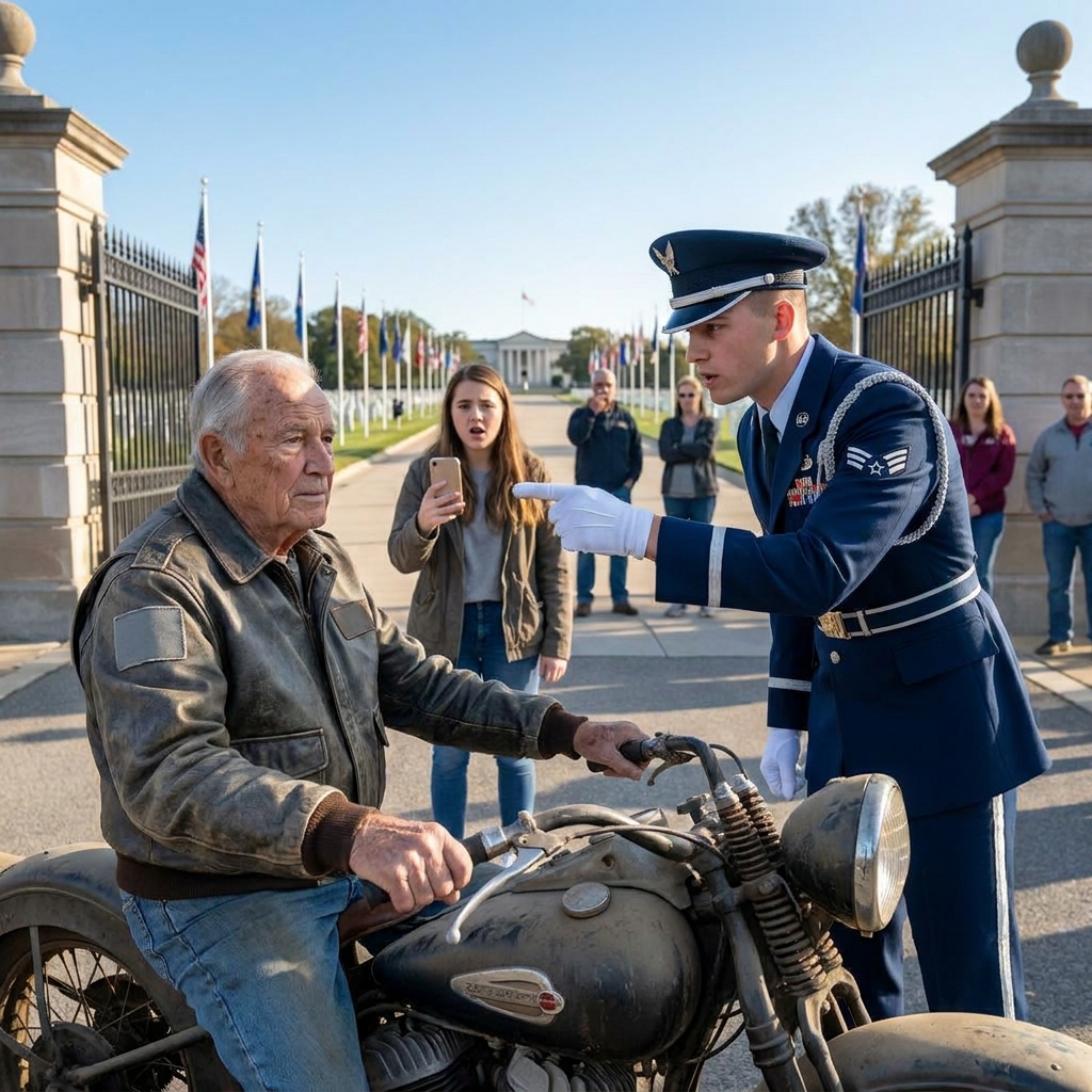 I watched an arrogant Tomb Guard threaten to arrest an 87-year-old man on a vintage motorcycle at Arlington’s gate, mocking the faded gray patch on his worn leather jacket as “gang gear.”
