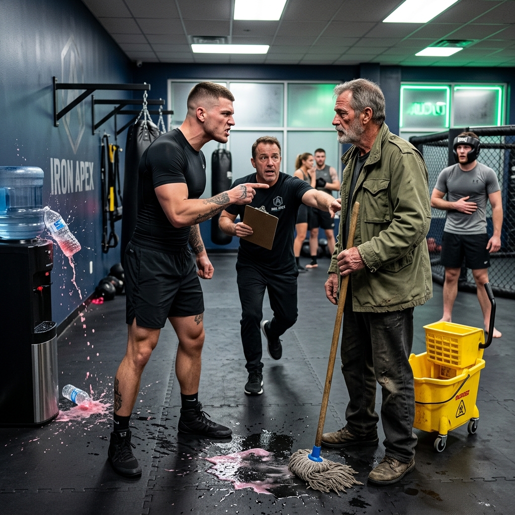 My gym’s golden boy told the homeless janitor he would break every brittle bone in his body. The old man didn’t flinch, didn’t raise his voice, didn’t even stop mopping. He just said four words about Trent’s right hand dropping when he threw the left. Then he took off his jacket, and I saw the scar tissue on his arms that told me he’d survived things Trent couldn’t imagine.