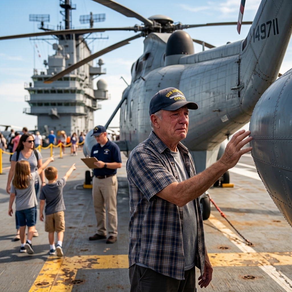 I was the only one on that flight deck who didn’t run. A 79-year-old in a faded ball cap walked toward a 9,000-pound helicopter sliding toward the edge while everyone else screamed get back. The admiral looked at the number on its tail and went white.