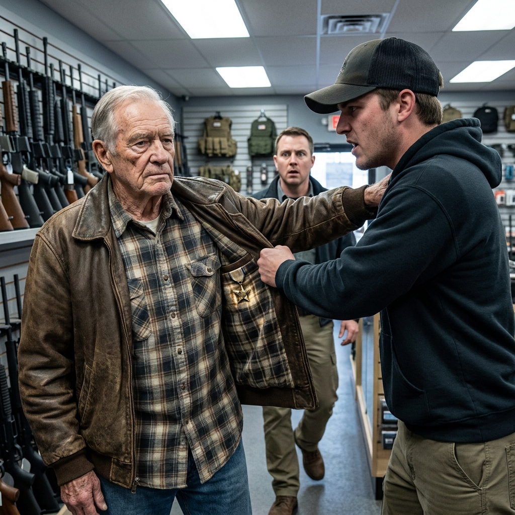 I was on leave when a smug tactical shop owner shoved an 86-year-old man out the door, laughing at the tarnished piece of metal pinned to his jacket.
