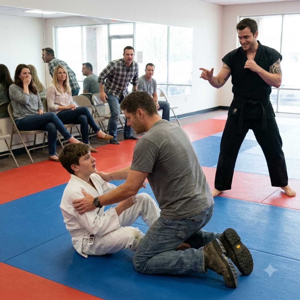 My 16‑year‑old son’s martial arts instructor broke his nose on purpose in front of a room full of parents, then stood over him and announced that blood washes out. I didn’t yell. I didn’t make a scene. I just walked onto that mat, helped my boy up, and drove him home. The parents saw a tired, limping mechanic in work boots who was too weak to fight back. What they didn’t know was that I’d be back inside that same dojo three hours later, locking the deadbolt and pulling the blinds shut — and that 12 years as a Navy SEAL had taught me exactly what to do with men like Trent.
