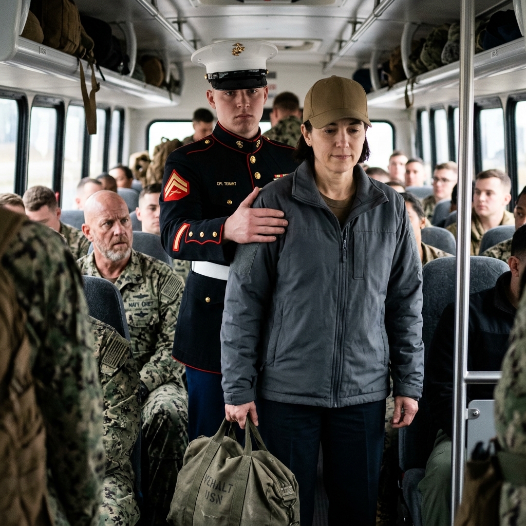 I watched the Marine place his broad hand on my shoulder and steer me to the back of a crowded bus. “Back of the bus, sweetheart,” he said, certain I was just a dependent who’d wandered into the wrong transport. I didn’t argue. I sat where his hand pointed, set my seabag down, and began counting the cranes. In a little over two hours, that same Marine would be saluting me, and a dead man’s name would finally be cleared by a page I had been carrying in my memory for nine years.