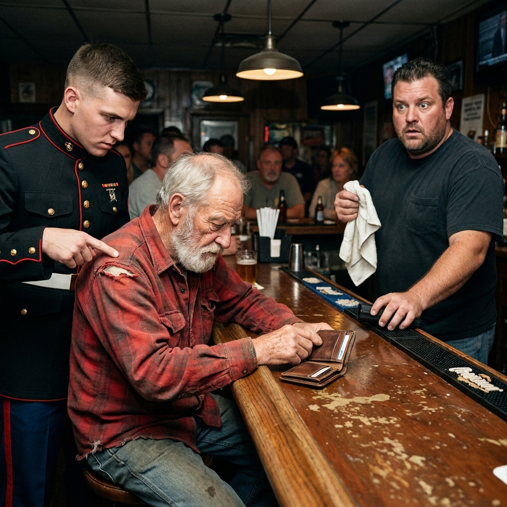 I watched an arrogant young Marine shove a quiet regular customer in my dive bar, mocking the old man’s frayed red shirt and calling him a stolen valor fraud.