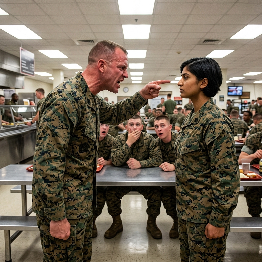 A massive staff sergeant humiliated me in front of fifty Marines — when the base commander saw my hidden unit patch, he ordered military police to detain him instantly.