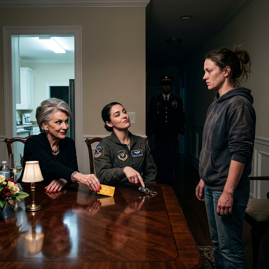 My mother threw a $50 grocery card across the dining table and told me to leave because I wasn’t worthy of the Sterling name. My half-sister spun the keys to her new Porsche and called me a basement mole. I didn’t cry. I didn’t argue. I just watched the hallway shadows behind them, where a three-star admiral was about to step forward with a classified black folder and a designation none of them understood.