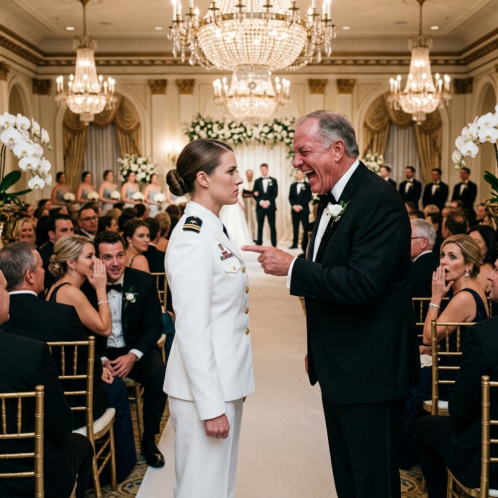 My father pointed at my Navy dress whites — every medal I had bled for — and laughed to 300 wedding guests, “Nobody respects a soldier.” The crystal chandeliers threw light onto the Silver Star pinned above my heart, but the room only saw a woman they’d been told to despise. I didn’t flinch. I held my breath in the four‑second cycle that kept me alive in combat. Then the bride tore off her veil, snapped a military salute, and said something that made every whisper die. Behind her, the altar screens began to flash.