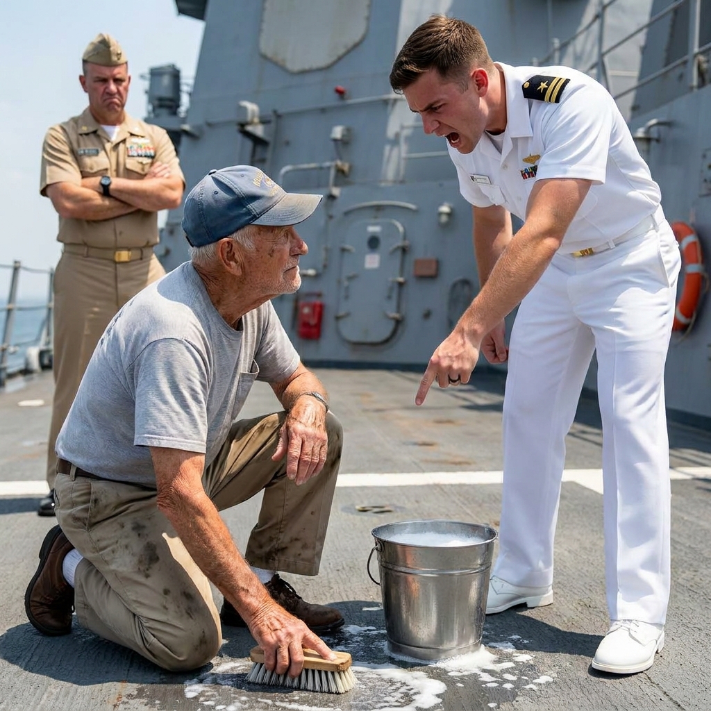 I watched a young Navy Ensign publicly humiliate an 87-year-old man who was quietly scrubbing the ship’s deck during a crowded open house