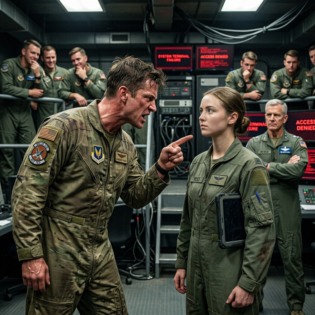 My hands were shaking as the decorated Captain got in her face, called her “sweetheart,” and dared the General to throw her into a simulator that had just crushed 12 elite pilots. She had spent weeks in the shadows, reading code they didn’t understand, and now the room was laughing at her. She didn’t argue. She just climbed the steel stairs, her coveralls still smeared with grease, and the hydraulic door hissed shut behind her.