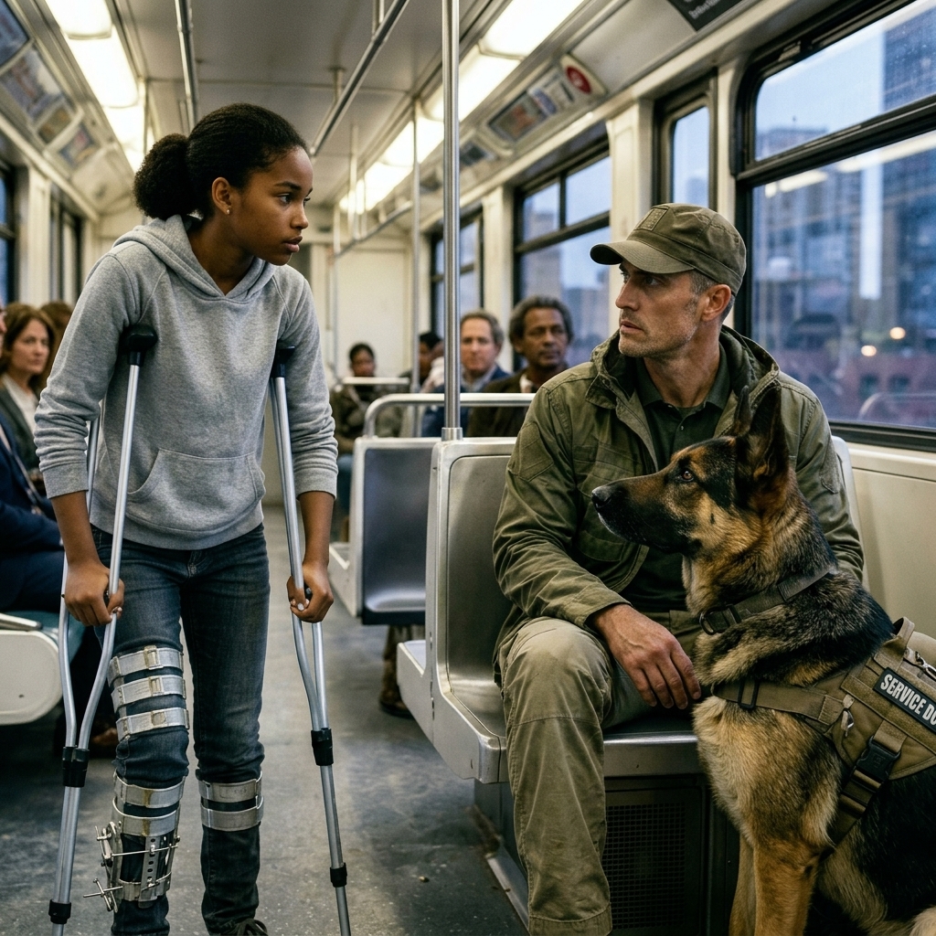 A 19-year-old girl on crutches sat beside a Navy SEAL on the subway — his dog shifted into full guard mode. What the dog sensed about her changed everything