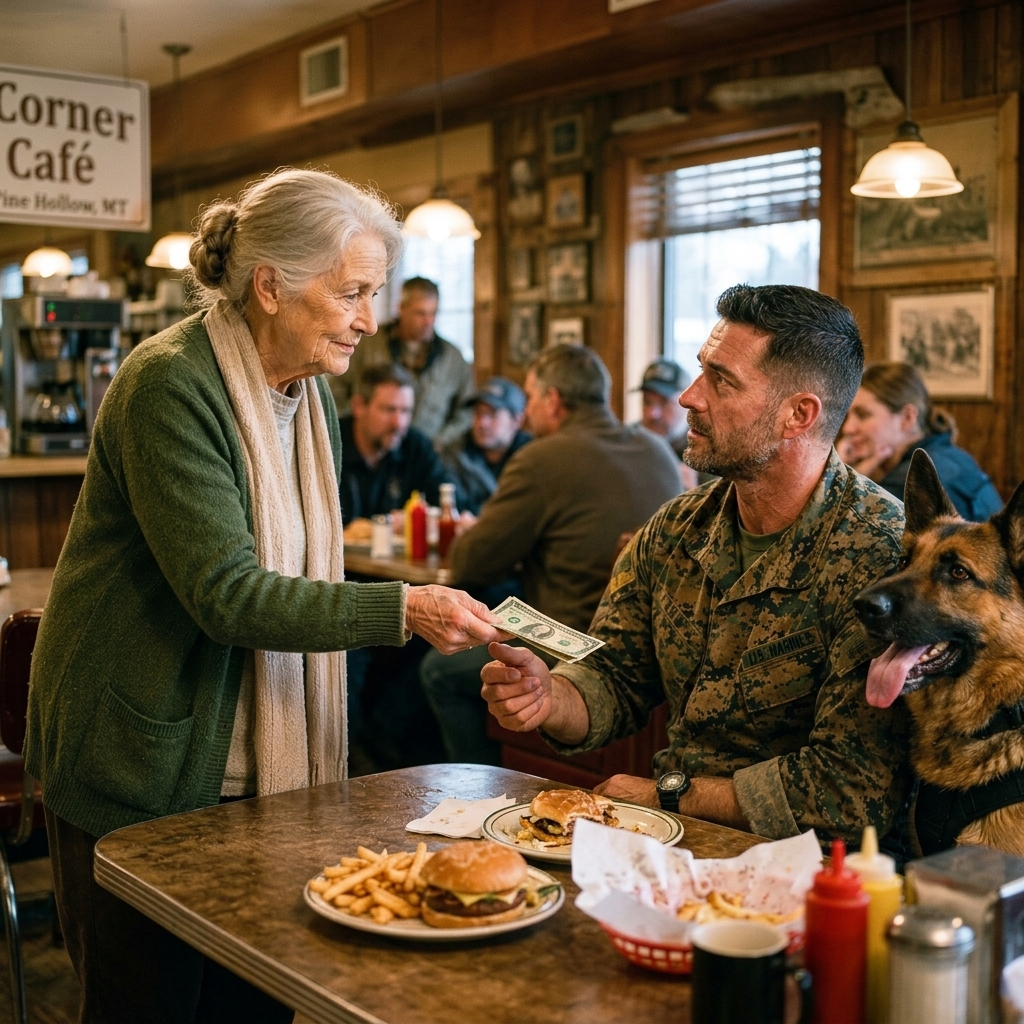 A Cafe Owner Threatened to Call the Sheriff on a Marine Who Forgot His Wallet — Then an Elderly Widow Quietly Paid the Bill, and Her Notebook Exposed What Was Happening Inside the School