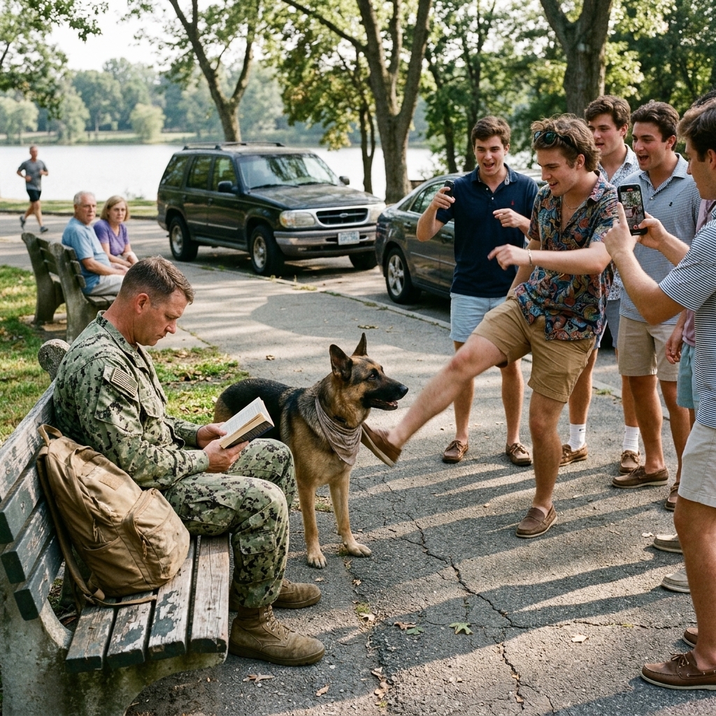 Three trust-fund teenagers laughed as they bashed my retired military dog’s head with a steel bottle. The police arrested ME. They didn’t know who they just cuffed.