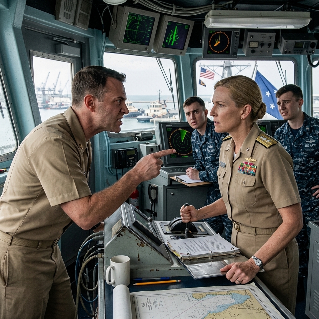 “Girls don’t belong on my bridge” — he threw her off the warship in front of the whole watch. The master chief saw her face and his coffee froze; he’d kept her shipmate’s proof for 21 years.