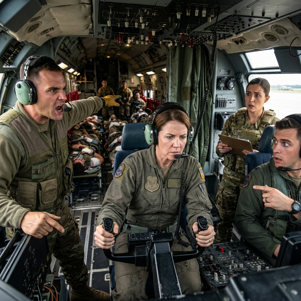 I watched a confident young captain call me “baggage” and order me to the back of the C-130 in front of the entire flight crew. I didn’t argue, quietly stepping back with a silver dog tag pressed against my chest. I knew 48 wounded Marines were waiting for us in the dark. He thought he was in command, but he didn’t know what the flight engineer had already recognized. What happened when the rockets started falling and my hand slammed over his on the throttle?
