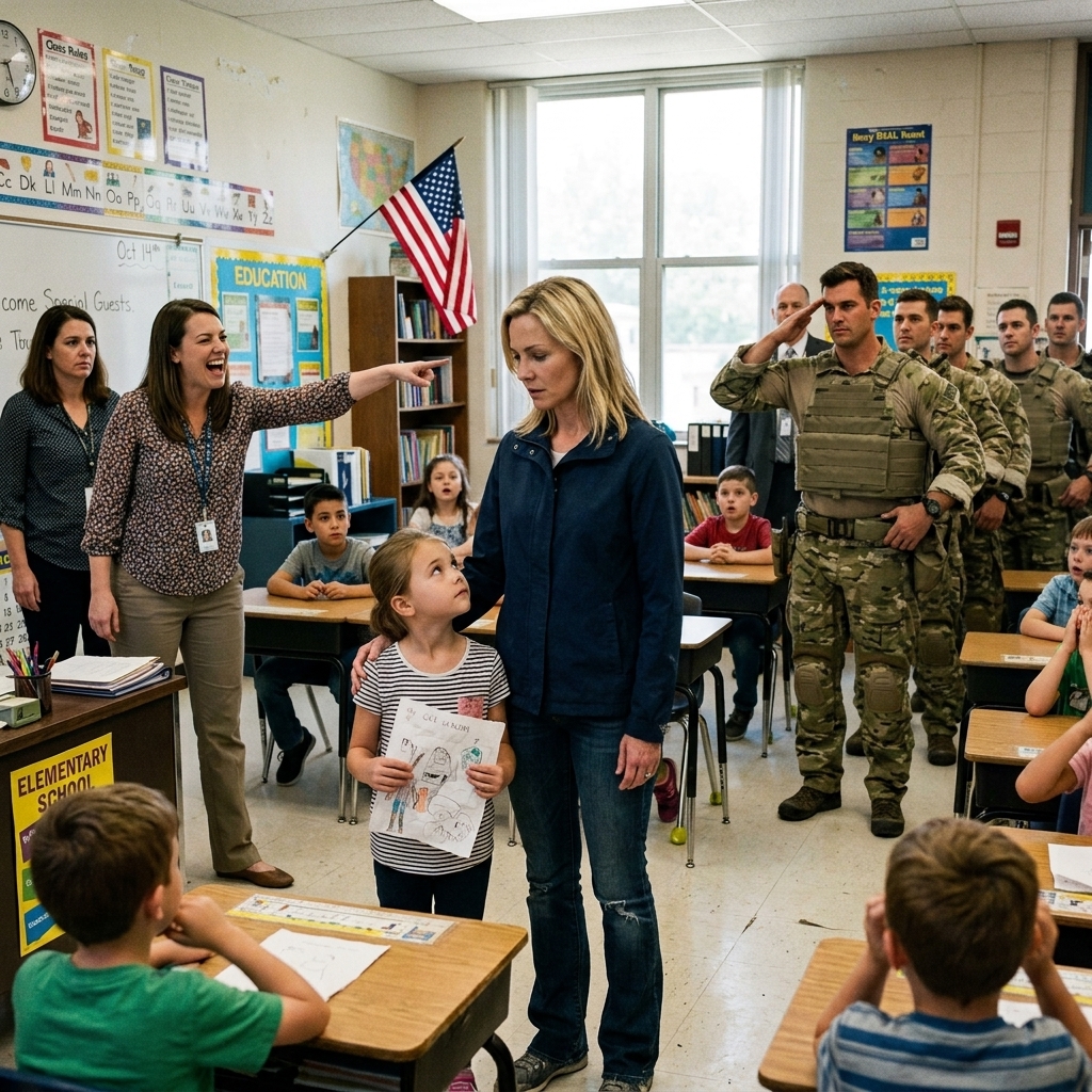 My nine-year-old daughter’s teacher humiliated her in front of the whole class, calling my military service a “fabrication” and putting a permanent note in her file. I didn’t raise my voice or argue with her in the little classroom chairs. I simply waited until the Career Day assembly, carrying a solid brass unit coin in my pocket. When the double doors finally opened and twelve men in dress whites walked in behind me, the teacher backed flat against the wall. Would she still call my little girl a liar?