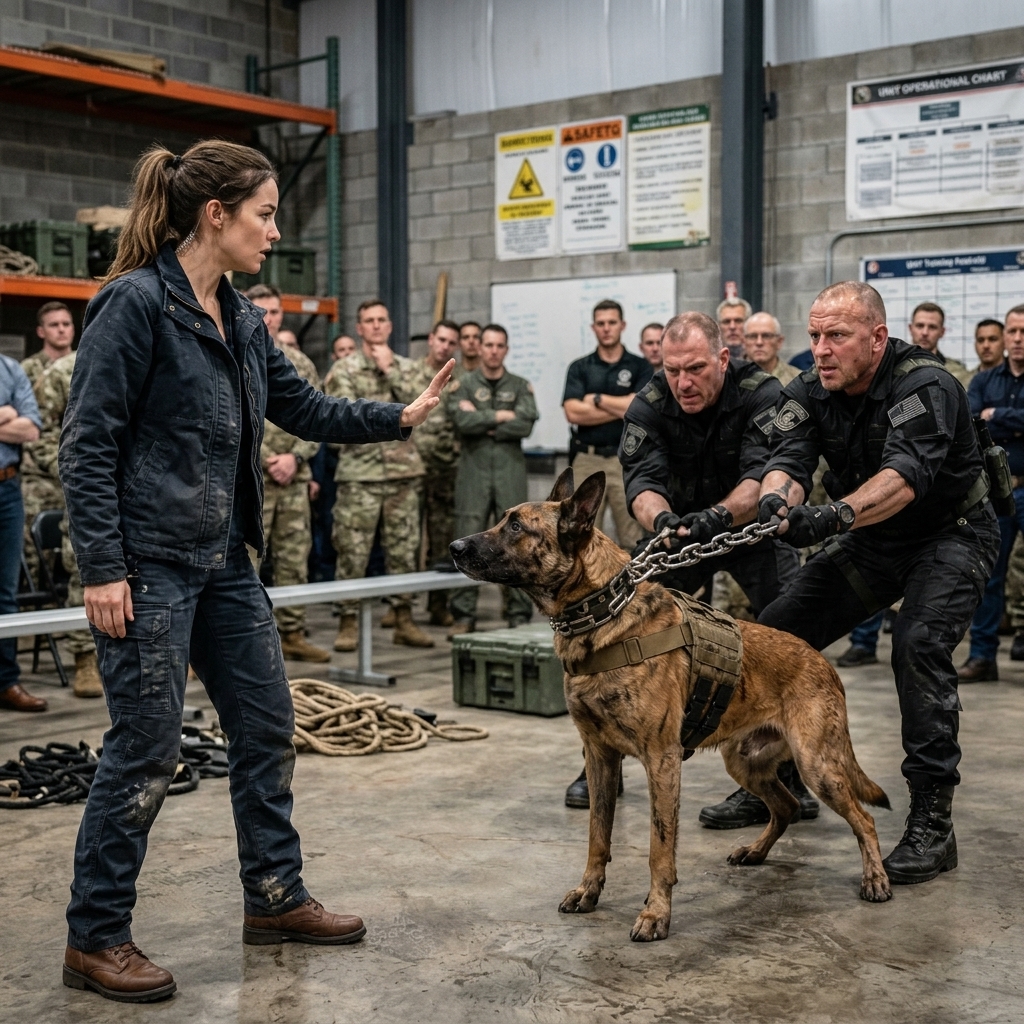 I watched a billionaire mercenary laugh as he outbid me for my late father’s Navy SEAL K9 inside a crowded Virginia warehouse. The auctioneer raised his gavel, ready to sell the scarred, thrashing dog to a brutal security firm for $35,000. I didn’t cry, even though my life savings wasn’t enough to save him. Instead, I stepped into the center aisle and spoke my father’s exact command words. The most dangerous animal in the room instantly dropped to his belly, and the heavily scarred broker in the front row stood up.