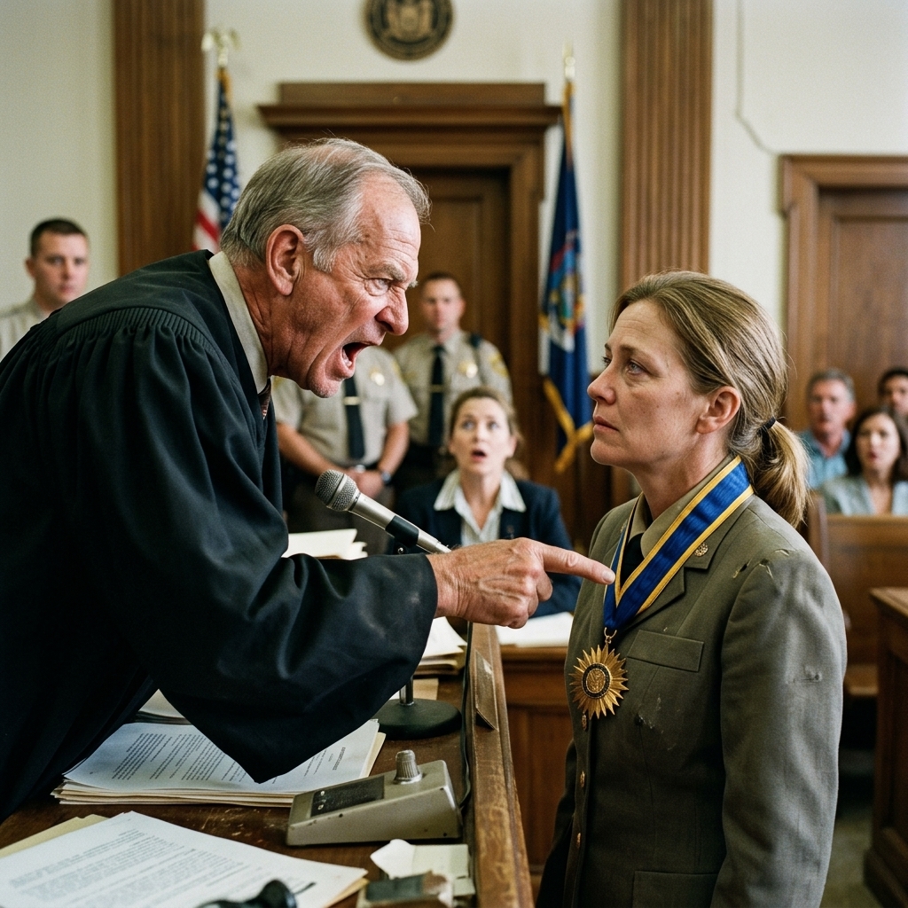 The judge called her decorations a ridiculous necklace and ordered her to strip them in open court. She laid the light blue ribbon on the rail.