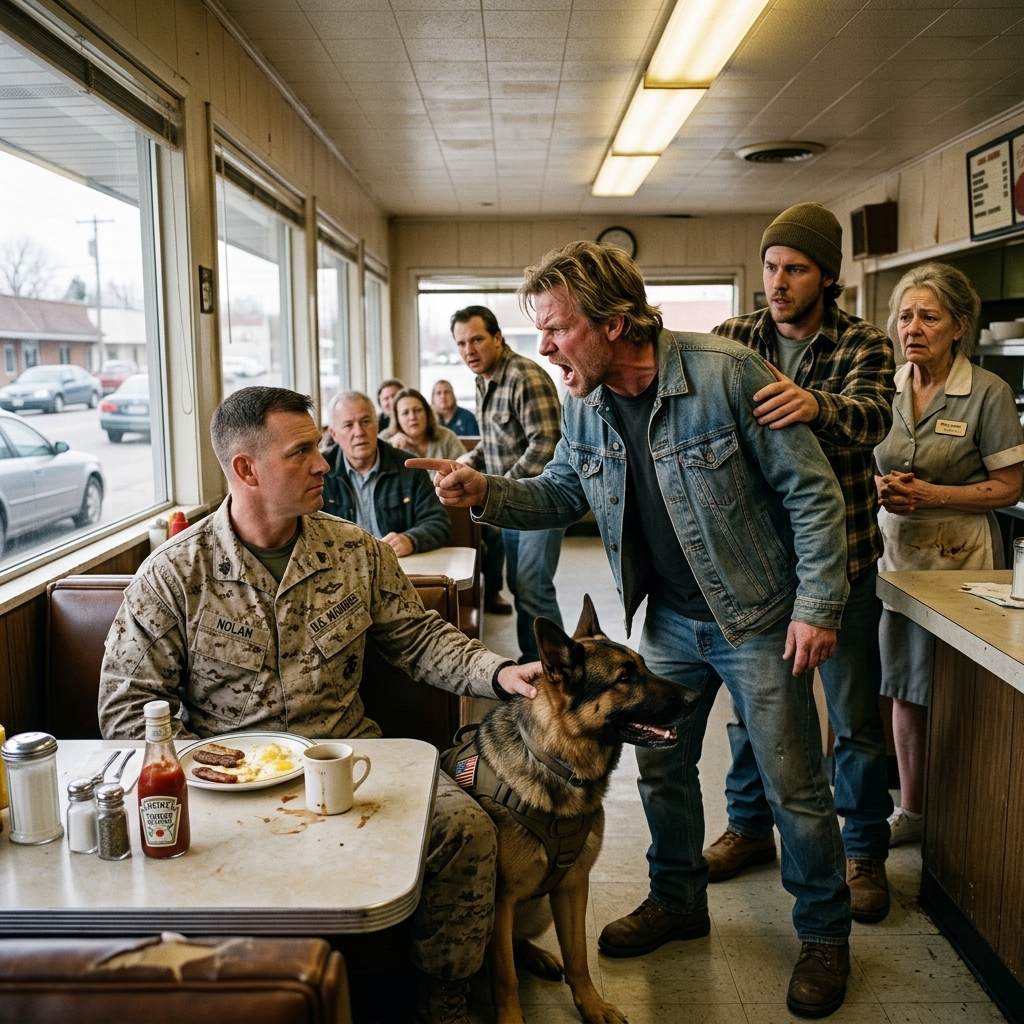 The commissioner’s son shoved my coffee off the diner table and reached for my service dog. The quiet girl at the counter slid her recording phone to the 19-year deputy.