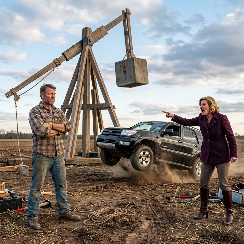 HOA Karen Blocked My Farm Road Every Morning — So I Built a Trebuchet and Launched Her BMW Into the Mud