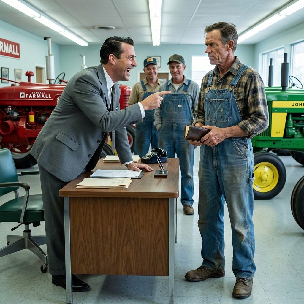 The slick-haired dealer laughed at my faded denim and called my family’s farm a charity case in front of a crowded showroom