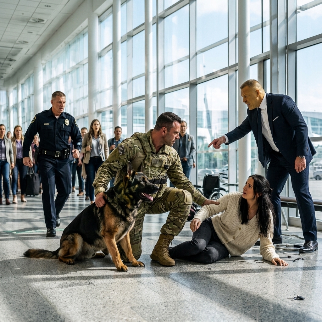 The millionaire smirked after yanking the disabled doctor’s wheelchair out from under her. My seventy-eight-pound Navy dog stepped forward, and the rookie cop pointed at the ceiling camera.