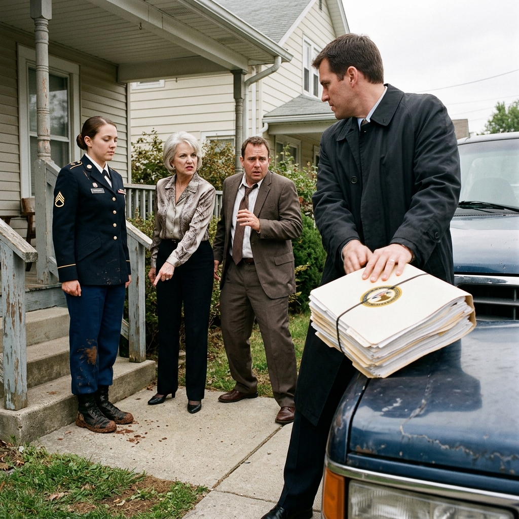 My mother kicked me into the cemetery mud and told the mourners I was cheap military trash. I stood at parade rest on my porch until the federal prosecutor slammed the 400-page folder onto the hood.