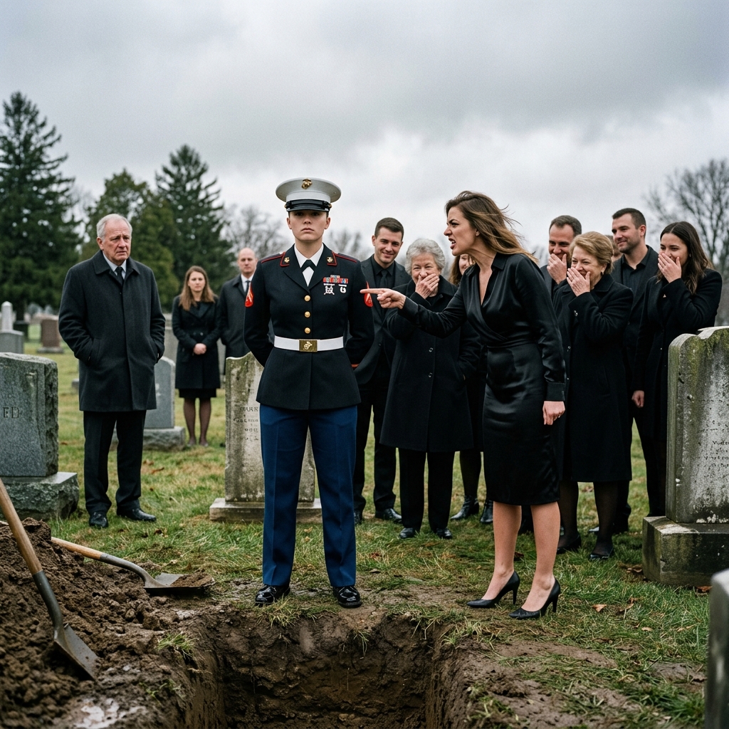 I watched my own sister mock my Marine dress blues at my father’s funeral while our relatives laughed. She told me I was desperate for attention, that my uniform was a costume. I stayed at parade rest and said nothing. Behind the dark wool of my jacket, an encrypted Pentagon device had just vibrated against my ribs — carrying the fate of her husband’s half‑billion‑dollar defense contract.
