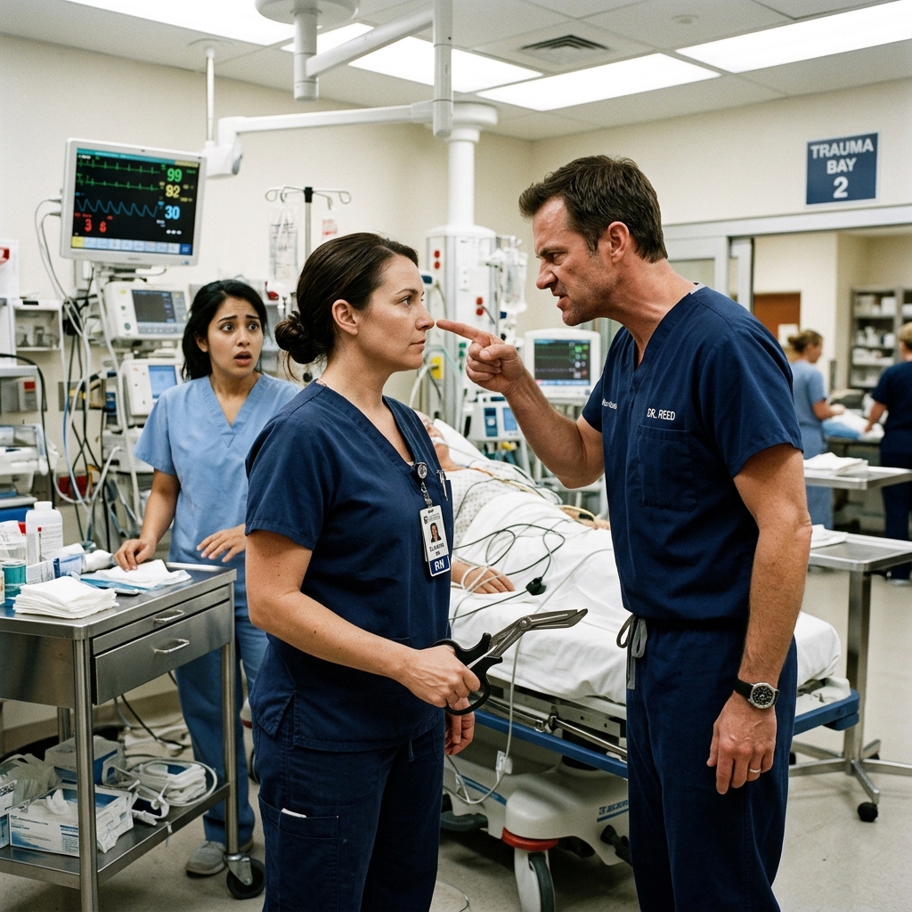 The trauma surgeon ordered me away from the crashing patient and threatened my nursing license. I pointed my bloody trauma shears at his tailored scrubs and asked for the Foley catheter.