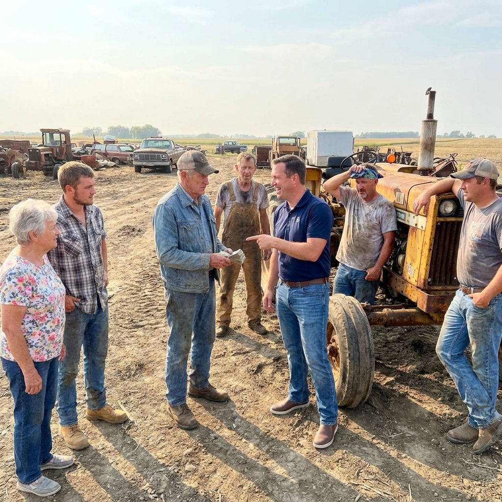 I stood in the salvage yard as the town’s wealthiest dealership owner laughed in my face, pointing at the 50,000-pound rusted tractor sinking into the mud