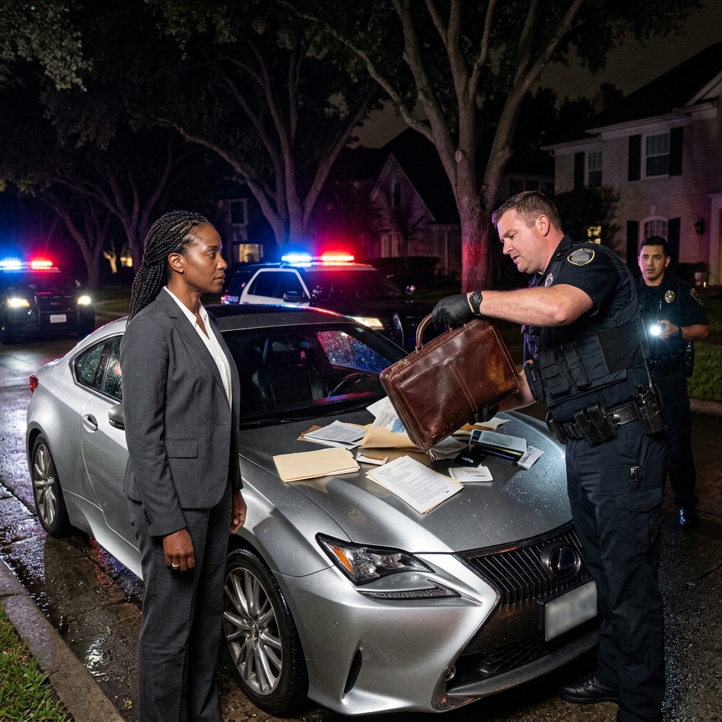 The patrolman laughed at my charcoal suit and ordered me out of my own $100,000 Lexus. I watched him dump my sealed leather briefcase onto the wet hood—and simply waited for the sun to rise.