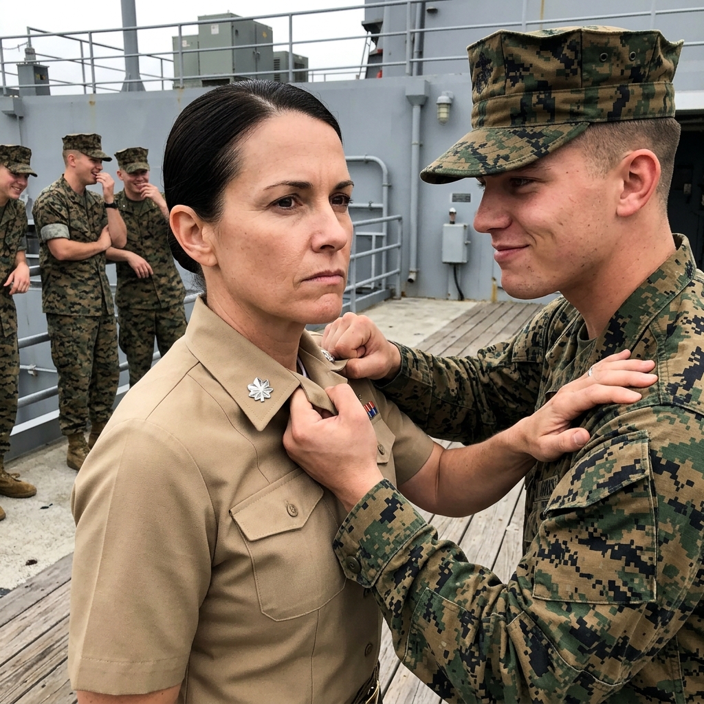 I let my 22-year-old brother grab my collar and call me “worthless” in front of his entire Marine company. He thought I was just the sister who paid his bills and pushed papers at a desk job. He never bothered to look at the silver oak leaves I was wearing. But the Gunnery Sergeant standing behind him recognized my face, and the entire deck was about to go dead silent.