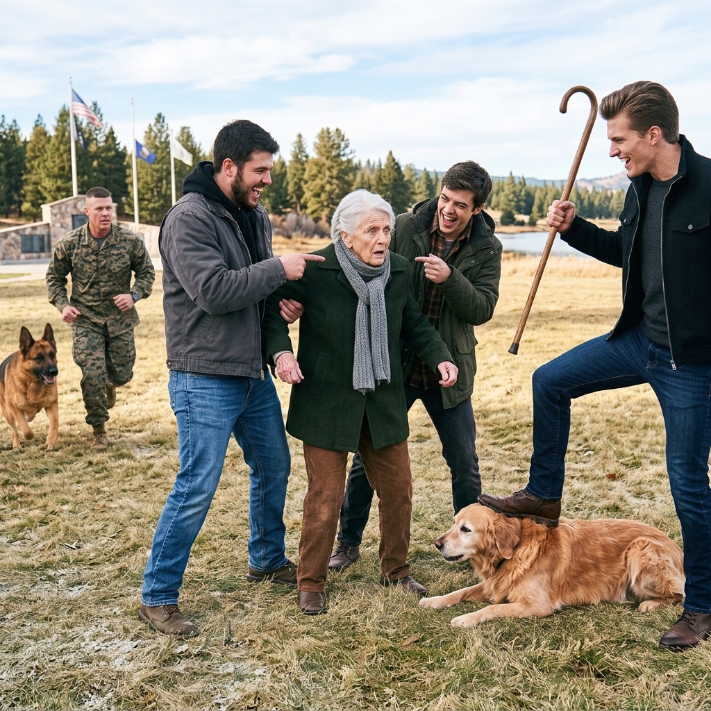 I watched a wealthy 23-year-old rip an oak cane from an 82-year-old widow’s hands and hurl it down a rocky embankment at Black Pine Lake. Her aging golden retriever chased after it and crashed hard against the frozen stones. She didn’t scream or beg. She just stood there gripping the empty air where her late husband’s memory had been. What Colton Avery didn’t know was that my German Shepherd had already locked onto the scene — and my phone was still recording.