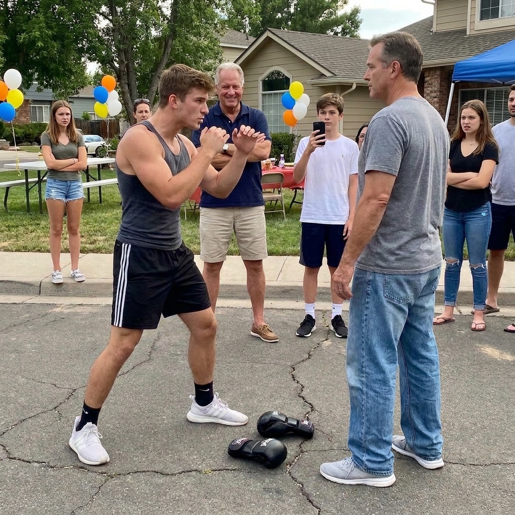 “Call an ambulance for him now,” my millionaire neighbor laughed as his nineteen-year-old son threw MMA gloves at my feet during our neighborhood block party.
