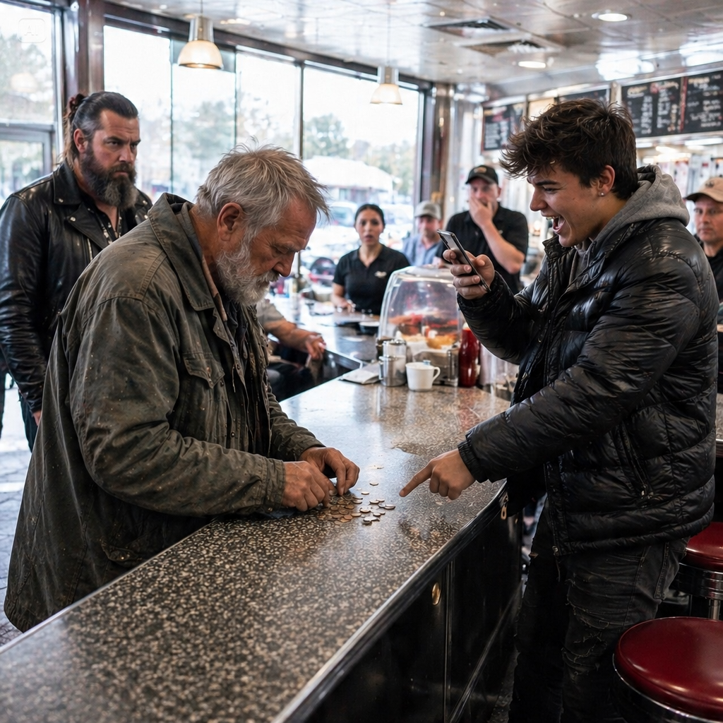THE DINER WENT SILENT WHEN THE TEENAGER THREW A QUARTER AT THE HOMELESS VETERAN’S FEET — UNTIL THE 280-POUND BIKER BEHIND HIM SAID, “PICK IT UP.”