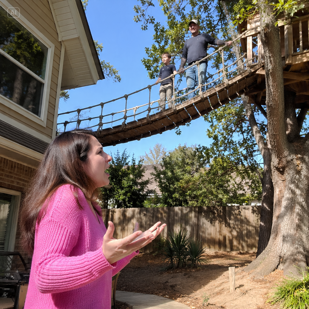 “TEAR DOWN THAT ILLEGAL FORT IMMEDIATELY!” HOA KAREN SCREAMED, UNAWARE MY BRIDGE MADE OUR PLANO TEXAS TREEHOUSE A LEGAL ADDITION, AND THEN…