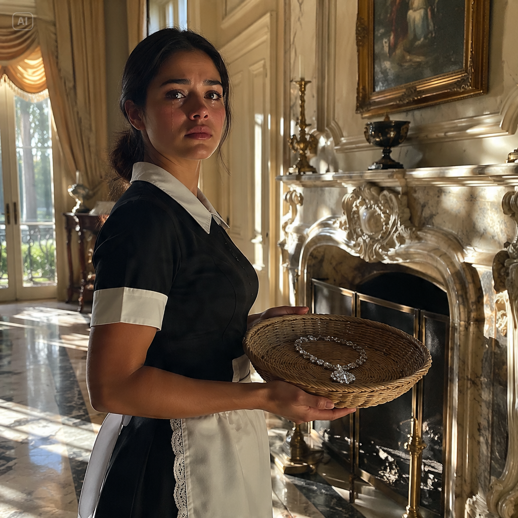 “PUT THAT DIAMOND NECKLACE IN THE MAID’S BASKET BEFORE THE GUESTS ARRIVE!” SHE UNAWARE THE BILLIONAIRE HEIR WOULD STOP THE ENTIRE BEVERLY HILLS ENGAGEMENT.