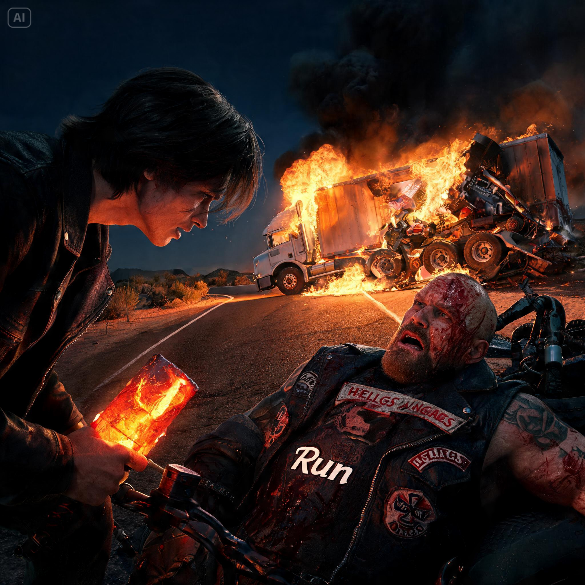 “RUN! NOW!” THE MASSIVE, BLOOD-SOAKED BIKER MOUTHED AT ME FROM BENEATH THE BURNING 18-WHEELER. I PULLED A DYING BIKER FROM THERE.  BUT THE NEXT DAY…