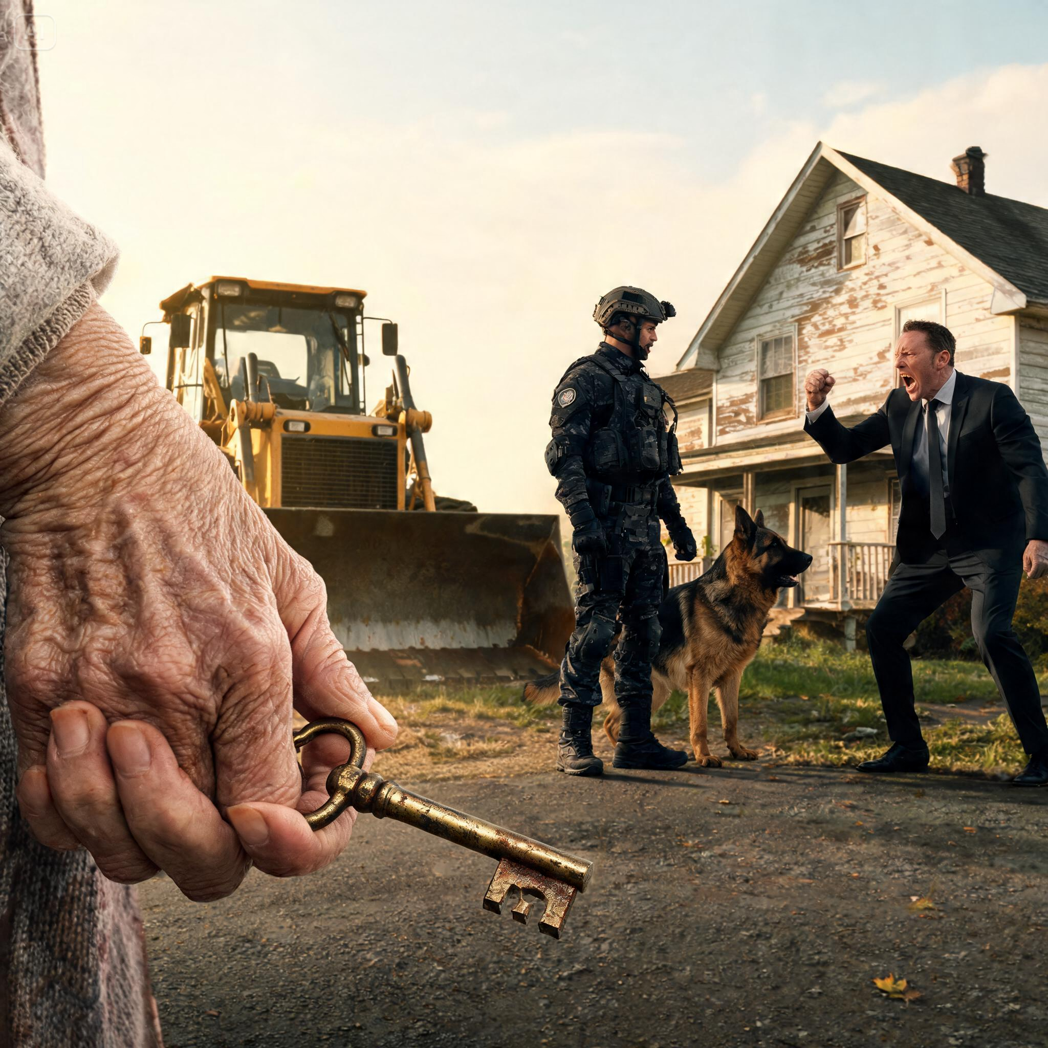 “MOVE OUT OF THE WAY OR I’LL RUN YOU OVER!” THE CORRUPT DEVELOPER SHOUTED AND TRIED TO BULLDOZE AN OLD WIDOW’S HOME… UNTIL A NAVY SEAL AND HIS GERMAN SHEPHERD STEPPED IN!