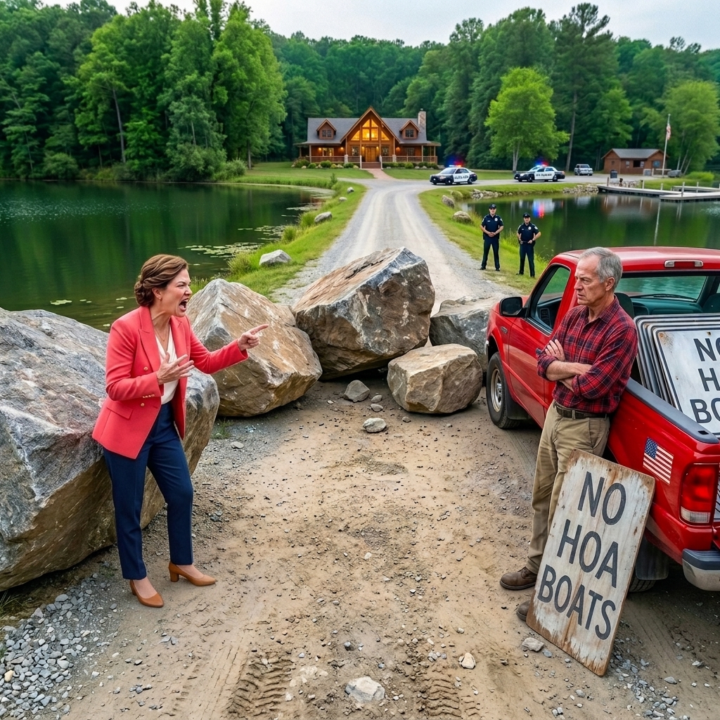 HOA Blocked the Only Road to My Cabin With Heavy Rocks — So I Put Up “No HOA Boats” Signs Around the Entire Lake