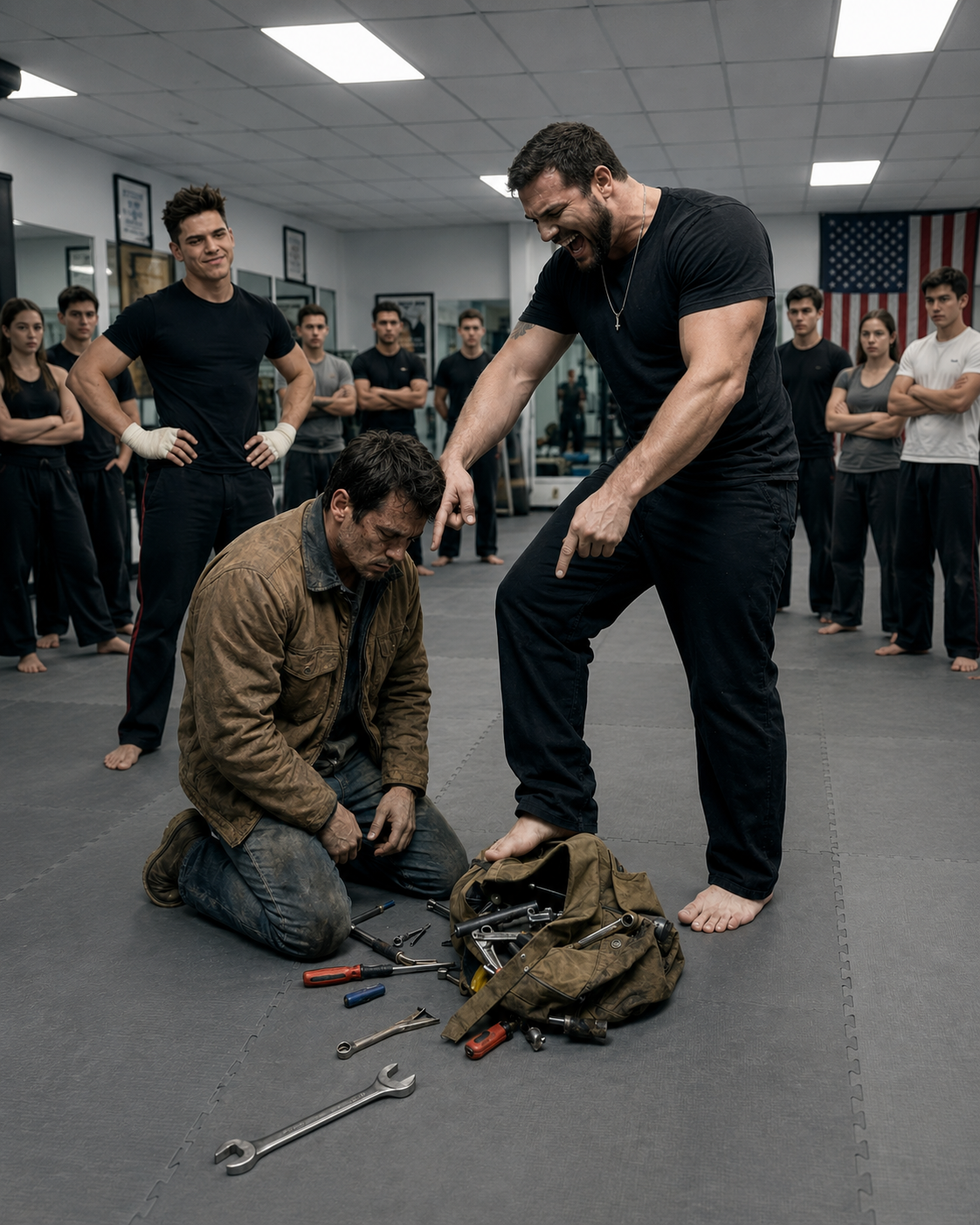 Two arrogant black belts cornered me in the empty dojo I was hired to fix, mocking my grease-stained clothes and kicking my tools across the mat.