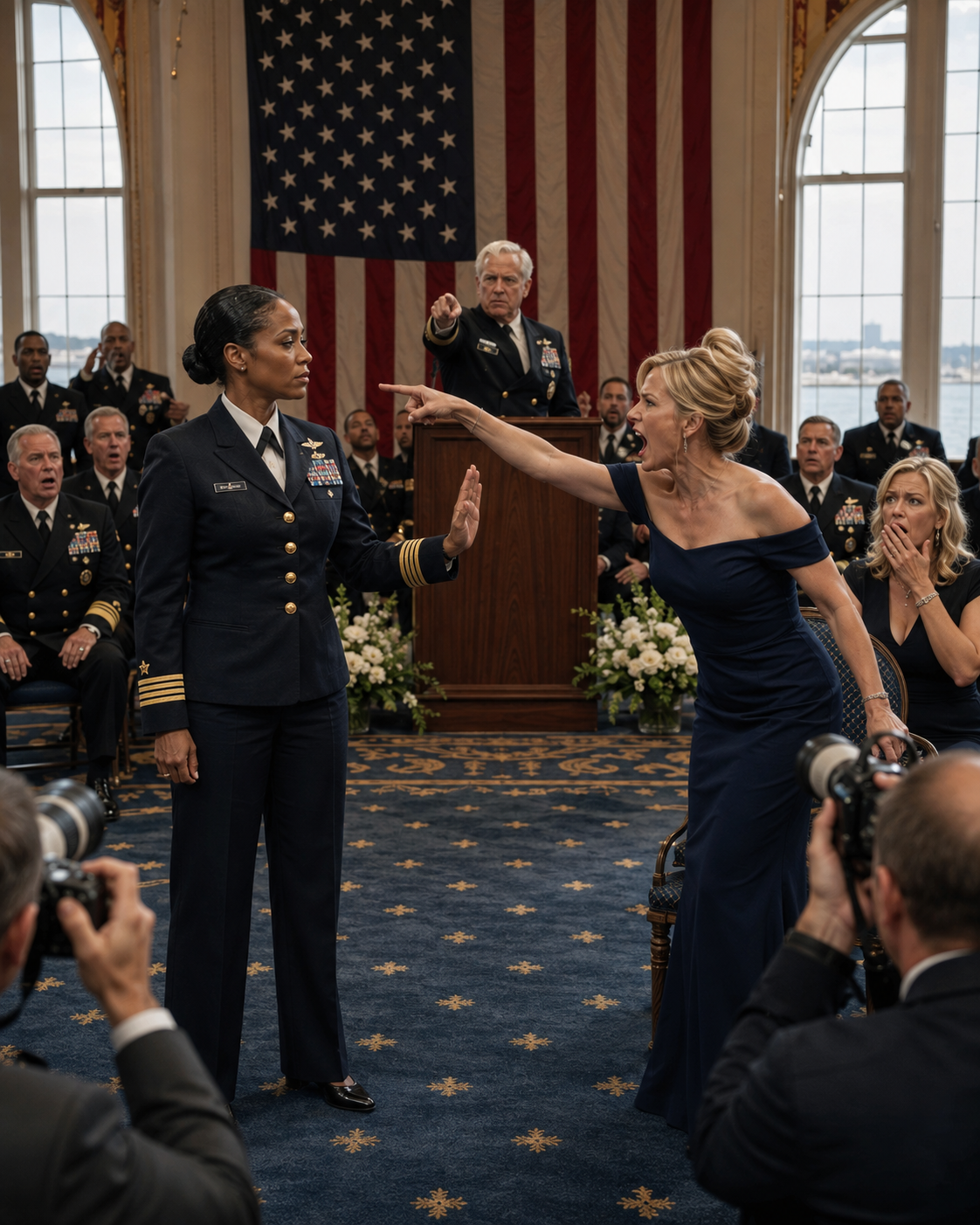 I stayed perfectly still while my own sister pointed her finger in my face and screamed, “You didn’t earn a seat here,” in front of dozens of military VIPs and press photographers.