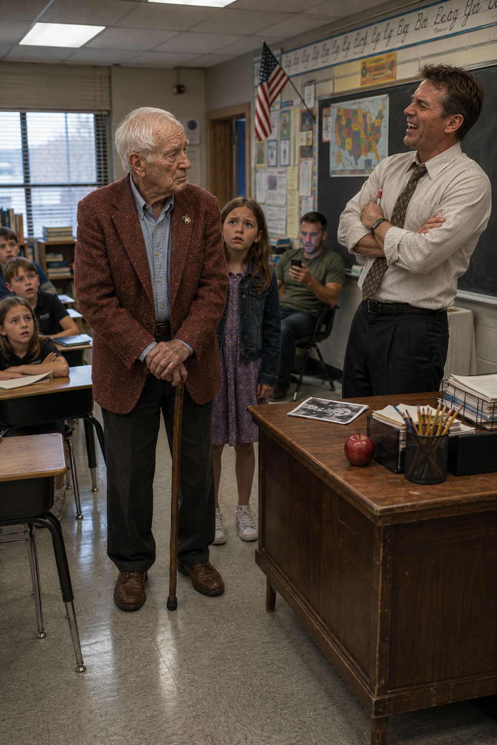 “Stolen valor is not a joke,” the teacher sneered, mocking the frail 82-year-old who had just hobbled into the classroom.