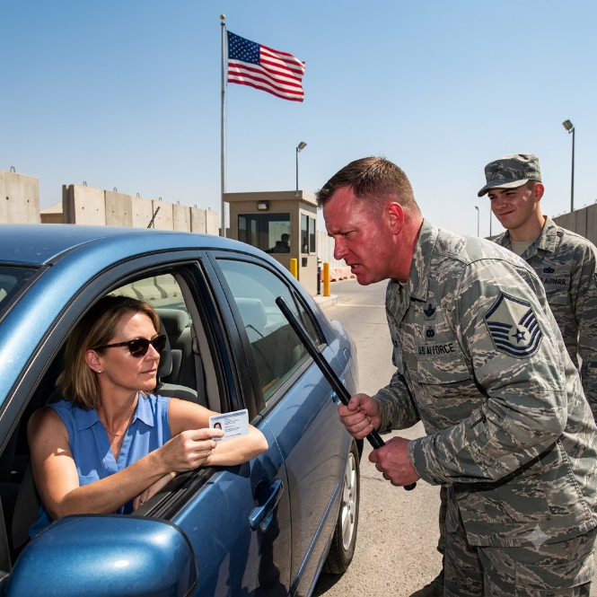 An Arrogant Base Guard Threatened to Handcuff a Blonde Woman in a Blue Blouse for Blocking Traffic, Unaware He Was Screaming at the Incoming Base Commander