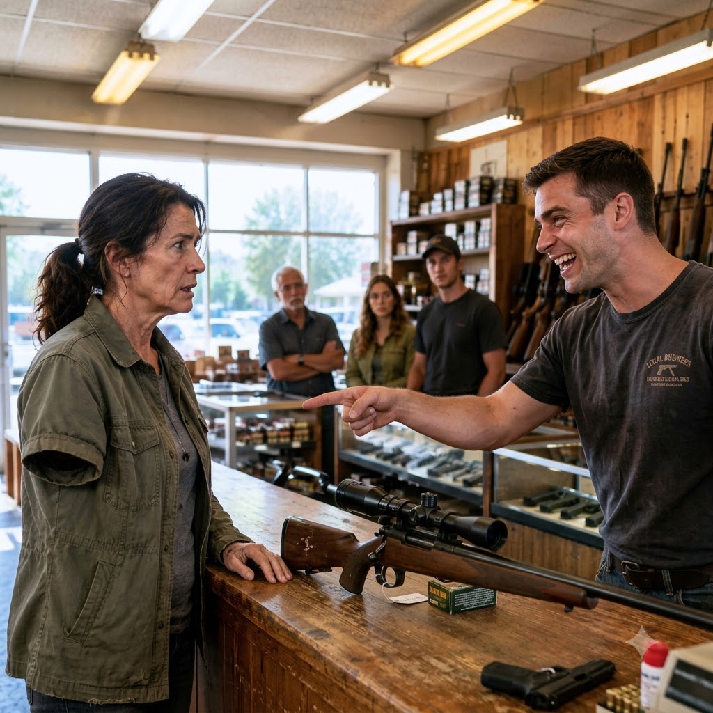 The 24-year-old clerk told the crowded shop my missing arm made me too crippled to touch a bolt-action rifle. Then an older veteran stepped forward and whispered a classified name I’d buried nineteen years ago.